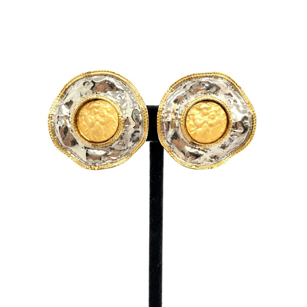 VINTAGE CLIP EARRINGS Mixed Metal Cherub Medallion Hammered Gold Silver 80s